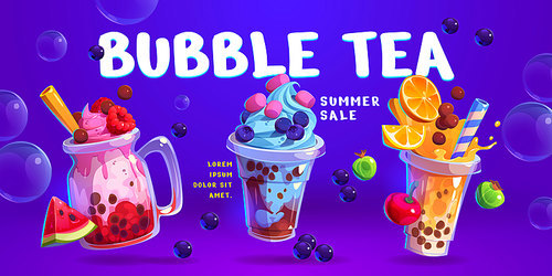 Milk coffee and tea bubble ice drink in cup vector illustration. Milkshake boba, smoothie dessert in glass for cafe menu poster design. Pearl juice with cream and tapioca with slogan for promotions