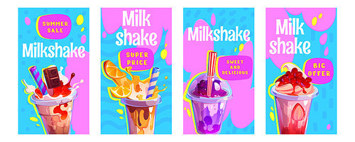 Vector glass milkshake ice drink cartoon stories illustration set. Chocolate milk shake with cream in cup for beverage menu in cafe. Cold smoothie, coffee or bubble tea dessert poster advertising