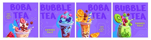 Ice tea bubble milk drink cup vector template. Pearl boba juice and smoothie sweet food post illustration with purple background. Strawberry and chocolate milkshake splash menu design. Summer cocktail