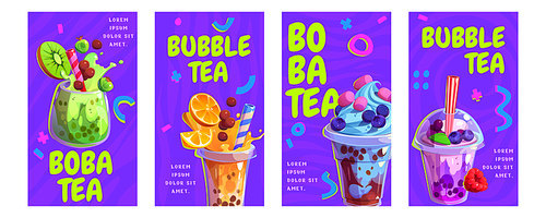 Cartoon set of promo banners for bubble tea menu. Vector illustration of colorful cafe posters, cups of appetizing fruit, berry, chocolate, cocktails, boba drinks with straws. Trendy japanese beverage