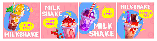 Cartoon set of promo banners for milkshake menu. Vector illustration of colorful cafe ad posters, plastic cups of appetizing fruit, berry, chocolate cocktails with straws. Summer discount offer layout