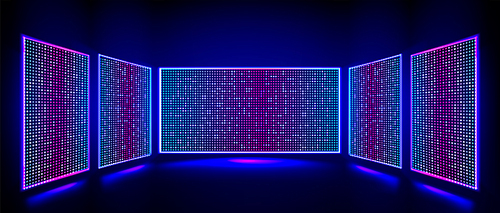 Led video walls, tv screens with light effect on stage. LCD video panels, displays with blue and pink color dots. Show studio or stadium scene with led monitors, vector realistic illustration