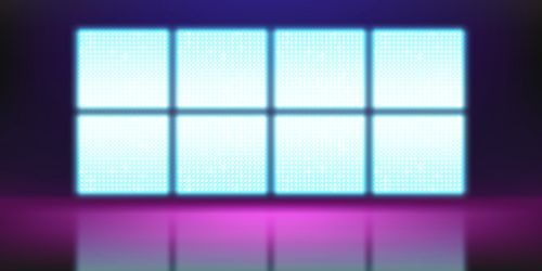 Defocused realistic LED screen on stage. Vector illustration of large LCD display grid with glowing blue and white dot lights. Concert hall background, modern theater show, night club decoration