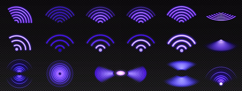 Realistic set of purple radio wave signal signs isolated on transparent background. Vector illustration of radial symbol of wifi connection, sound spread, pulse effect, vibration frequency, radar area