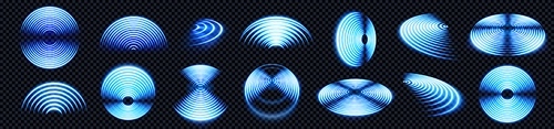 Realistic set of blue radio wave signal signs isolated on transparent background. Vector illustration of radial symbol of wifi connection, sound spread, pulse effect, vibration frequency, radar area