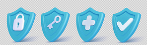 Realistic set of blue security shield icons isolated on transparent background. Vector illustration of 3D safety symbols with lock, key, cross, tick signs. Data privacy protection, antivirus technology