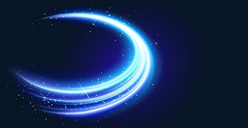 Realistic neon blue light swirl isolated on black background. Vector illustration of magic energy effect, circular trail glowing with sparkling glitter particles, luminous beam speed, shiny vortex