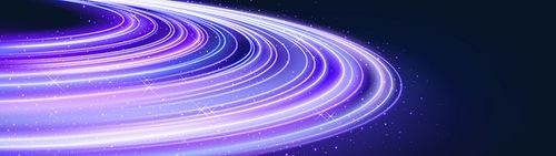 Neon planet ring with light glow energy effect. Magic cosmos round line flare with purple speed trail path shine element. Luminous motion circular disk shape abstract vector technology wallpaper.