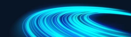 Neon planet ring with light glow energy effect. Magic cosmos round line flare with blue speed trail path shine element. Luminous motion circular disk shape abstract vector technology wallpaper.