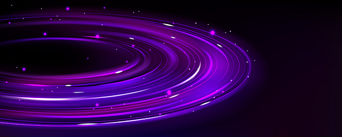 Purple planet ring with neon light digital technology background. Space energy glow abstract vector illustration. Globe power ecosystem fantasy disk. Network path galaxy concept. Speed trail circular