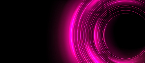 Pink planet ring neon light effect with circle line sparkle. Digital energy twirl with magic flare expansion. Space curve orbit vector illustration. Abstract galaxy element circular disk shape frame
