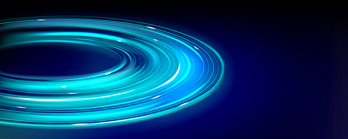 Circle flare, neon light effect of planet ring in outer space. Speed motion trail with blue glowing lines isolated on dark background, vector realistic illustration