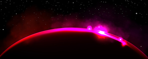 Earth, planet or moon horizon at sunrise or eclipse. Abstract background of dark universe with white stars and pink light ring on planet edge, vector realistic illustration