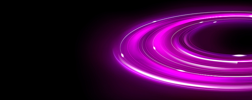 Pink neon planet ring and light energy line effect. Round tech orbit shine. Abstract speed path stellar concept. Circular fantasy network with spark trail. Atom motion on disk swirl illustration