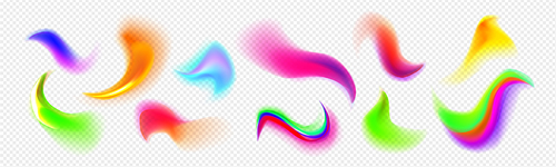 Abstract brushes with blurred gradient colors. Fluid spots, soft splashes with chameleon effect. Bright neon colors waves isolated on transparent background, vector realistic illustration