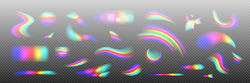 Realistic set of light refraction effects isolated on transparent background. Vector illustration of rainbow sunlight flare, iridescent diamond blur pattern, abstract holographic optical glares