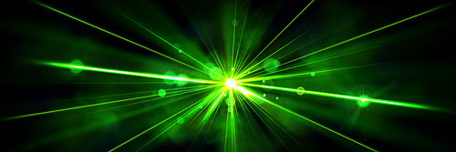 Green neon laser light beam disco show vector effect. Abstract club party concert glare with fantasy sparkle for nightclub studio backdrop. Bright lazer dj target star spot with smoke and glow