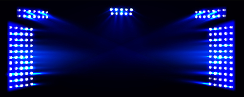 Blue light effect on stadium party stage background. Color neon concert disco club spotlight ray design. Magic festive glitter projector in luxury illuminated theater award glow studio decoration.