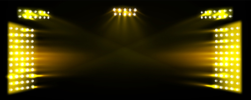 Gold light effect on stadium party stage background. Yellow concert disco club spotlight ray design. Magic festive glitter projector in luxury illuminated theater award glow studio decoration.
