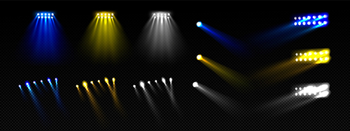 Yellow stadium concert show light isolated set. Blue spotlight reflector effect vector realistic soccer projector lamp glow. 3d football disco sparkle with blur for fun arena entertainment design