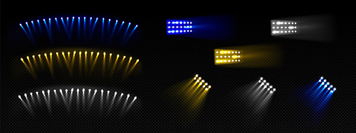 Yellow stadium concert show light isolated set. Blue spotlight reflector effect vector realistic soccer projector lamp glow. 3d football disco sparkle with blur for fun arena entertainment design