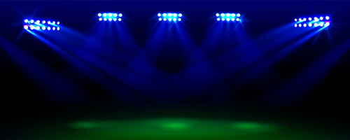 Soccer stadium field with light vector sport arena night background. Spotlight on football green grass empty illustration template. 3d realistic competition or championship playground backdrop