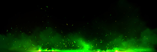 Green fire effect overlay with ember and smoke realistic background. Flying spark light particle in flame panoramic texture. Neon festive witchcraft power with steam and blazing for wizard fireplace.