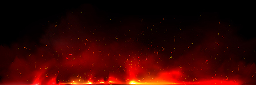 Fire and ember overlay effect and smoke background. Grill hot flame with flying spark particle and ash in hell. Festive firestorm burnt particles vector panoramic nature texture with steam and coal.