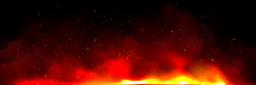 Fire and ember overlay effect and smoke background. Grill hot flame with flying spark particle and ash in hell. Festive firestorm burnt particles vector panoramic nature texture with steam and coal.