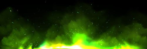 Green fire effect overlay with ember and smoke realistic background. Flying spark light particle in flame panoramic texture. Neon festive witchcraft power with steam and blazing for wizard fireplace.