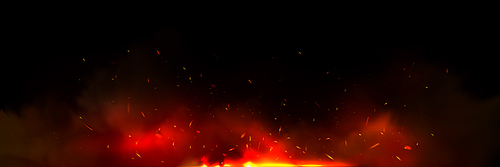 Background with fire sparks, embers and red smoke. Overlay effect of burn coal, grill, hell or bonfire with flame glow, flying orange sparkles, fog on black background, vector realistic illustration