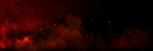 Background with fire sparks, embers and smoke. Overlay effect of burn coal, grill, hell or bonfire with flame glow, flying red sparkles and fog on black background, vector realistic poster