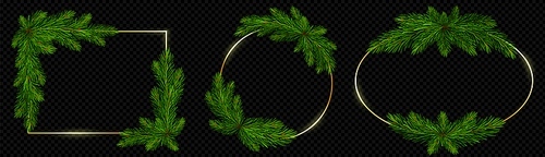 Realistic Christmas pine tree branch vector frame. Isolated circle, square and oval gold minimalist luxury stroke border. Merry Xmas round winter decor twig design. Golden elegant framework pack.
