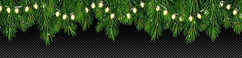 Christmas tree branches with lights garland. Happy New Year and Merry Xmas holidays banner decoration with border of pine or fir green twigs with light bulbs, vector realistic illustration