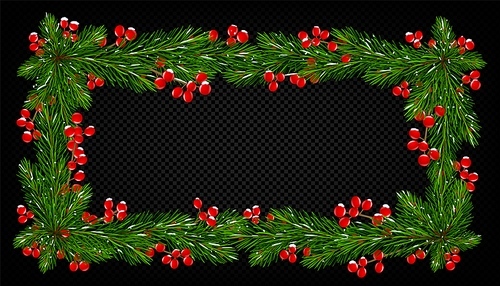 Holiday frame of Christmas tree branches with red holly berries and white snow. Banner, poster or card decoration with border of green pine or fir twigs with mistletoe, vector realistic illustration