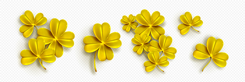 Gold clover with four leaves. Irish symbol of luck and St Patrick day. 3d icons with golden shamrock leaves isolated on transparent background, vector realistic set