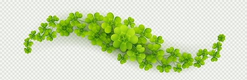 Lucky four leaf clover, border for Irish Patricks day background. Green shamrock leaves, wavy divider isolated on transparent background, vector realistic illustration
