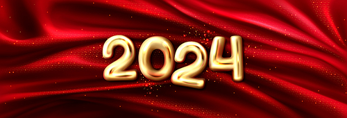 Golden 2024 numbers on red silk cloth background. Vector realistic illustration of yellow chrome 3D figures, glossy metal decoration on sparkling satin drapery. New year banner, holiday celebration