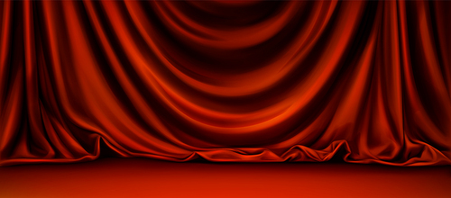 Red podium backdrop with elegant silk curtain. Fabric drape cover reveal show stage vector pattern. 3d closed theatrical vintage product platform. Luxury beauty satin soft flow textile material