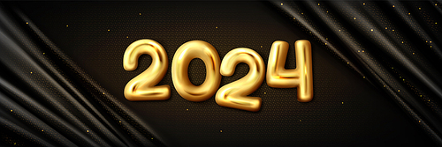 2024 Happy New Year greeting vector. Gold party typography design template with 3d balloon number on drapery silk fabric for website holiday banner. Premium yellow shiny headline typeface metal font