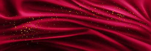 Realistic red silk cloth background with golden particles. Vector illustration of trendy Viva Magenta satin drapery with luxury gold shimmering pieces. Smooth drapery surface. Sale, discounts banner