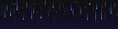 Realistic star shower on transparent night sky background. Vector illustration of comets, meteors, asteroids falling down, sparkling and shimmering on black. Space galaxy, universe design element