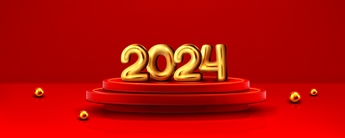 Golden 2024 numbers on red round podium. Vector realistic illustration of yellow chrome 3D figures, glossy metal balls sparkling on stage. New year banner, holiday celebration, festive decoration
