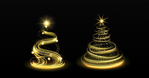 Realistic set of spiral light Christmas trees isolated on transparent background. Vector cartoon illustration of golden xmas swirls decorated with yellow stars and shimmering particles. Holiday decor
