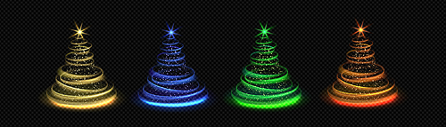 Christmas tree made of light path and sparkles with star on top. Realistic vector illustration of glow xmas decoration on transparent background. Abstract bright shiny fir with glitter and blur effect