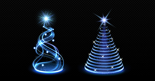 Realistic set of spiral and cone Christmas light trees isolated on transparent background. Vector illustration of neon blue xmas swirls decorated with stars and shimmering particles. Holiday decor