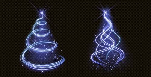 Light Christmas tree with blue glitter and sparkle. Abstract Xmas vector blue glitter decoration on transparet abstract black background. Isolated winter season fairy symbol for New Year greeting card