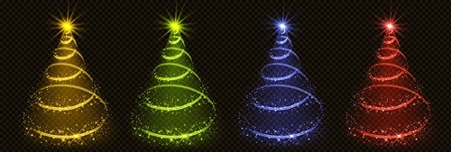 Realistic set of colorful Christmas light trees isolated on transparent background. Vector illustration of spiral and cone neon yellow, blue, green, red xmas swirls decorated with stars. Holiday decor