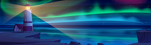 Lighthouse on sea shore with aurora borealis shining at night sky. Scenery nature ocean landscape with beacon building glowing and polar lights iridescent illumination, Cartoon vector illustration