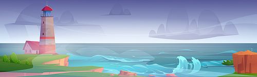 Lighthouse on sea shore at storm, beacon building at disaster nature ocean landscape with splashing water waves under dull sky with heavy grey clouds, disaster at coastline Cartoon vector illustration